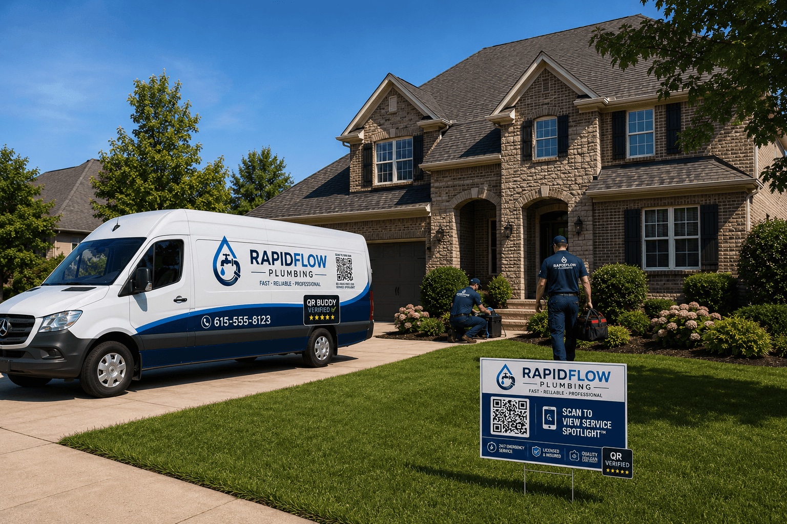 RapidFlow plumbing van in driveway with QR yard sign and crew on the job